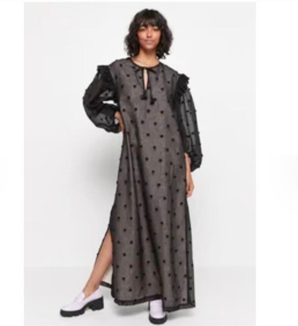 Manoush Black Tulle Polka Dot Long Sleeve Split Tie Neck Shift Maxi Dress sz 38